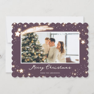 Modern Purple Stars Photo Merry Christmas Card