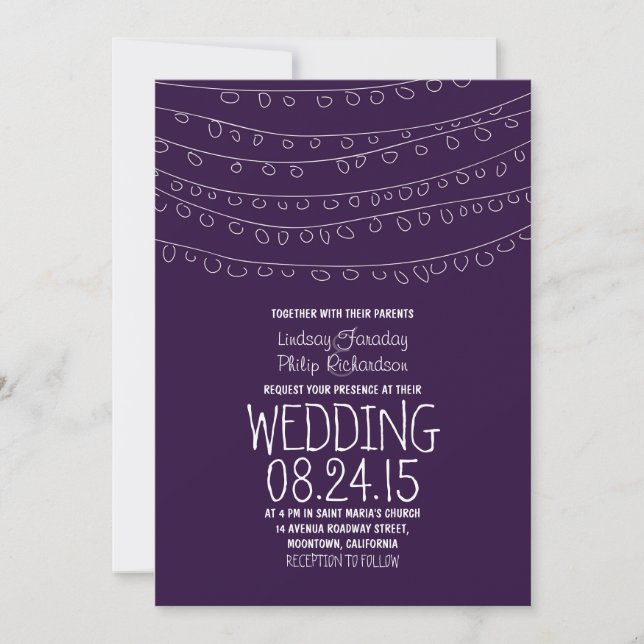 modern purple string of lights wedding invitations (Front)