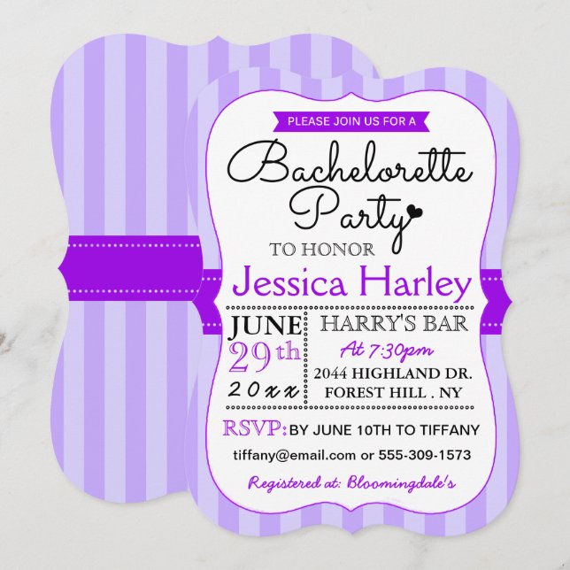 Modern Purple Stripes Bachelorette Party Invitation (Front/Back)