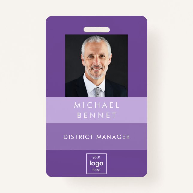 Modern Purple Stripes Corporate Photo ID  Badge (Front)
