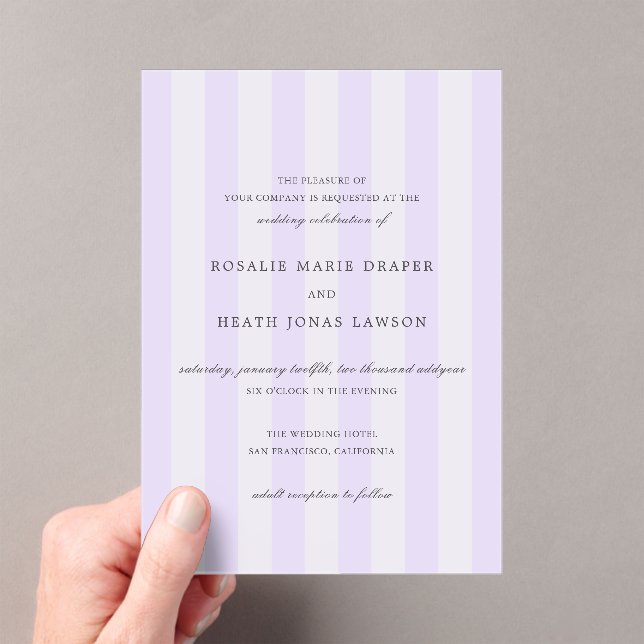 Modern Purple Stripes Elegant Wedding Acrylic Invitations (Insitu (Handheld))