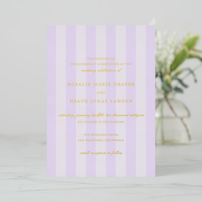Modern Purple Stripes Elegant Wedding Foil Invitation (Standing Front)
