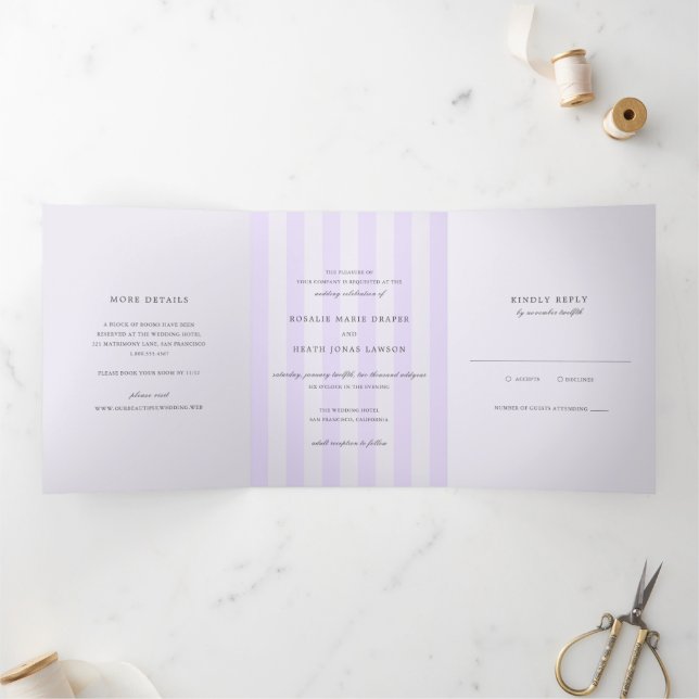 Modern Purple Stripes Elegant Wedding Tri-Fold Invitation (Inside)