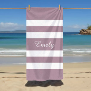 Modern Purple Stripes Name Beach Towel