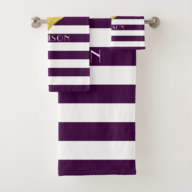 Modern Purple Stripes Pattern Name Bath Towel Set (Insitu)