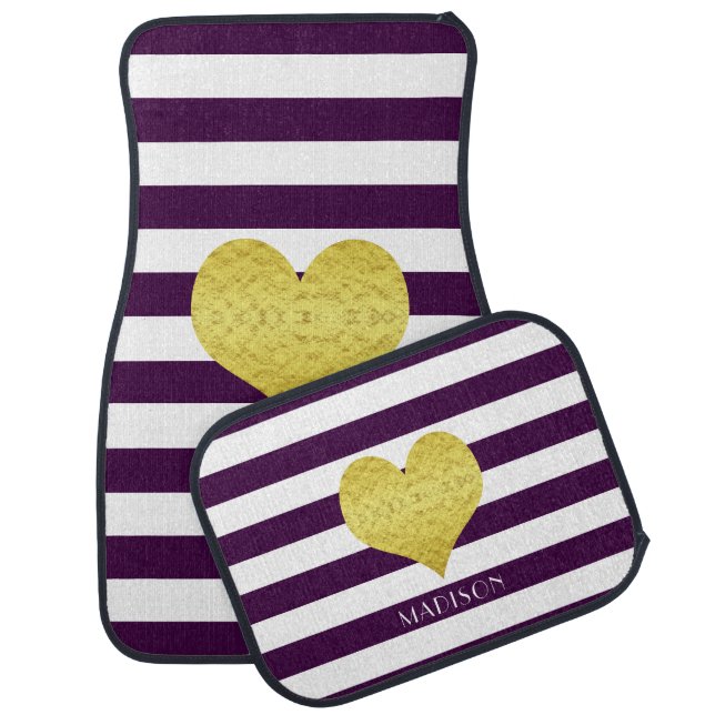 Modern Purple Stripes Pattern Name Car Floor Mat (Set)