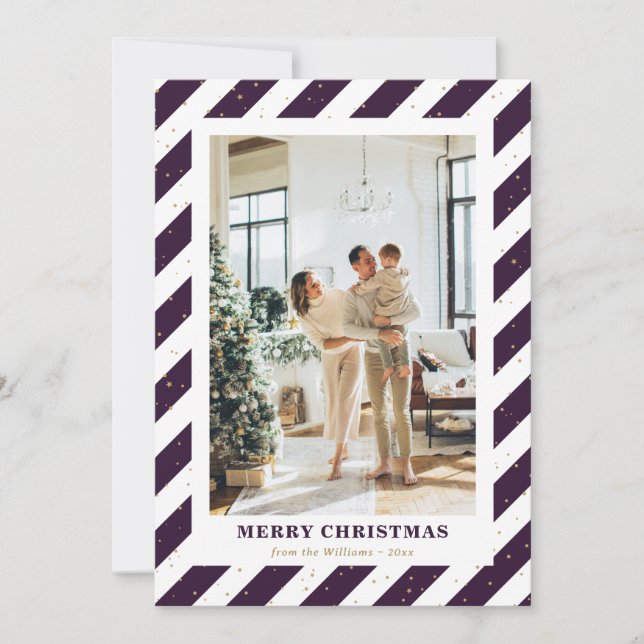 Modern Purple Stripes Photo Merry Christmas Card (Front)