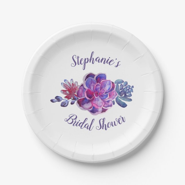Modern Purple Succulents Foliage Bridal Shower Paper Plates (Front)