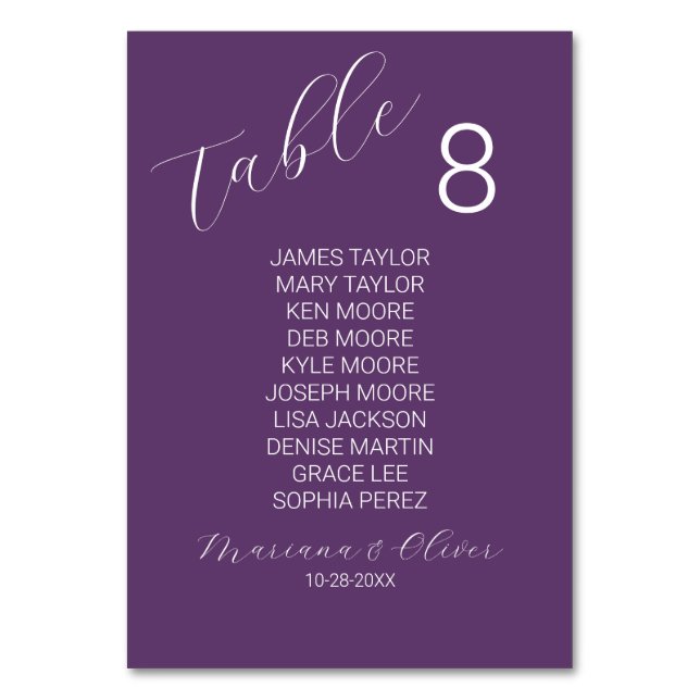 Modern Purple Table Number Card with Names (Front)