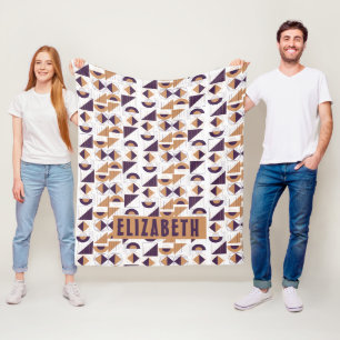 Modern Purple & Tan Geometric Art Custom Name Fleece Blanket