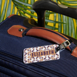 Modern Purple & Tan Geometric Art Custom Name Luggage Tag
