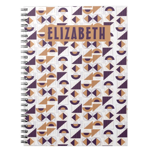 Modern Purple & Tan Geometric Art Custom Name Notebook (Front)