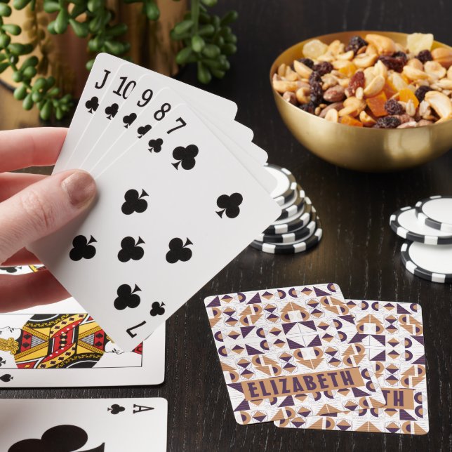 Modern Purple & Tan Geometric Art Custom Name Poker Cards (In Situ)