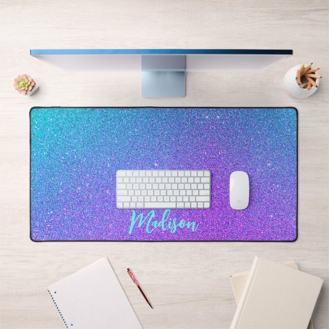 Modern Purple Teal Blue Glitter Ombre Personalized Desk Mat (Office 1)