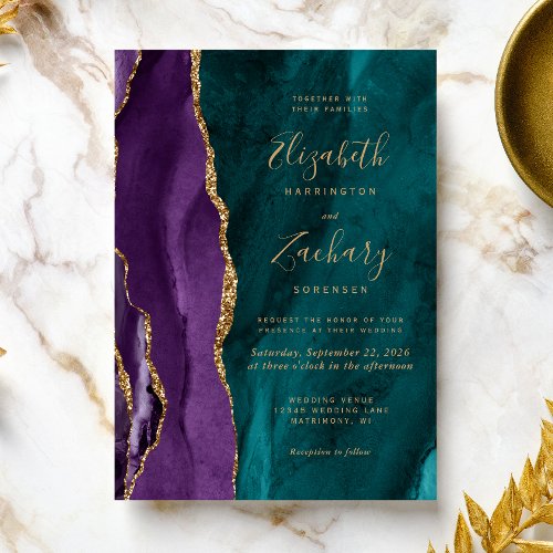 Modern Purple Teal Gold Agate Wedding Invitation