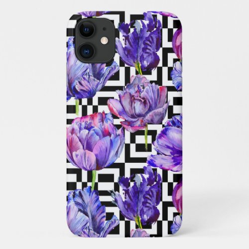 Modern Purple Tulip Girly Chic Geometric Pattern iPhone 11 Case