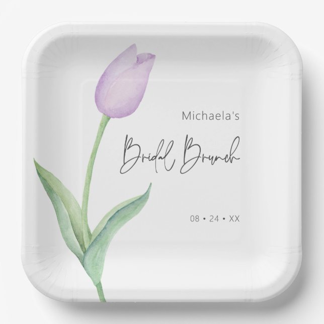Modern Purple Tulip Solo Bridal Brunch Luncheon Paper Plates (Front)