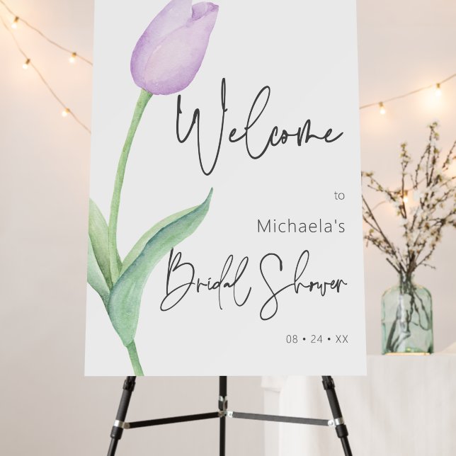 Modern Purple Tulip Solo Bridal Shower Welcome Foam Board (In Situ (Stand))