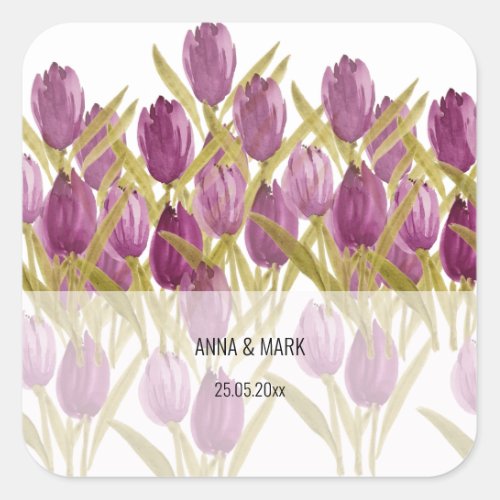 Modern Purple Tulips Watercolor Art Square Sticker