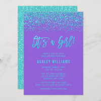 Modern Purple Turquoise Glitter Girl Baby Shower Invitation