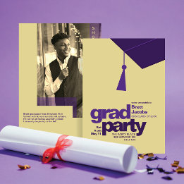 Modern Purple Typography Grad Party Photo Invitation
