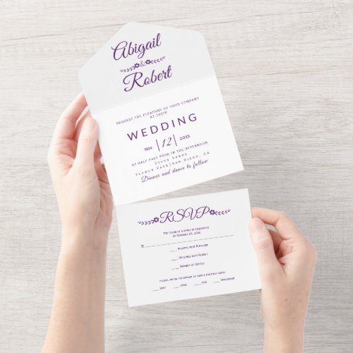 Modern purple typography on white wedding  all in one invitation