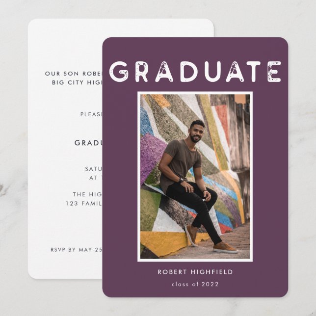 Modern Purple Typography Photo 2022 Graduation Invitation (Front/Back)
