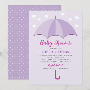 Modern Purple Umbrella Hearts Girl Baby Shower Invitation