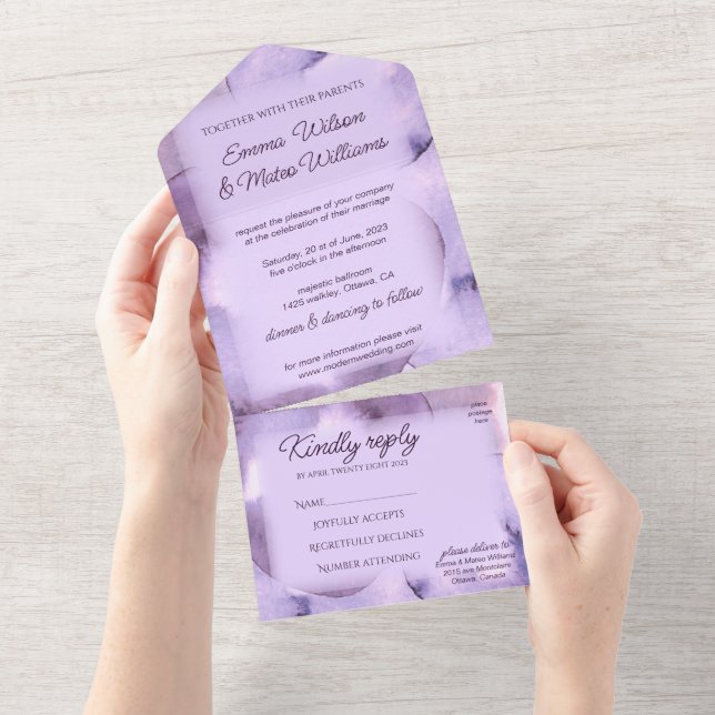 Modern purple violet   all in one invitation (Tearaway)