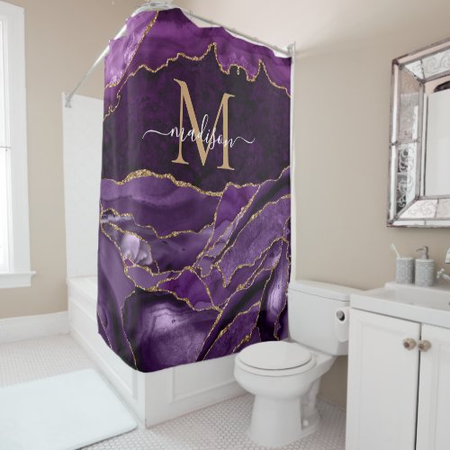 Modern Purple Violet Gold Agate Geode Monogram Shower Curtain