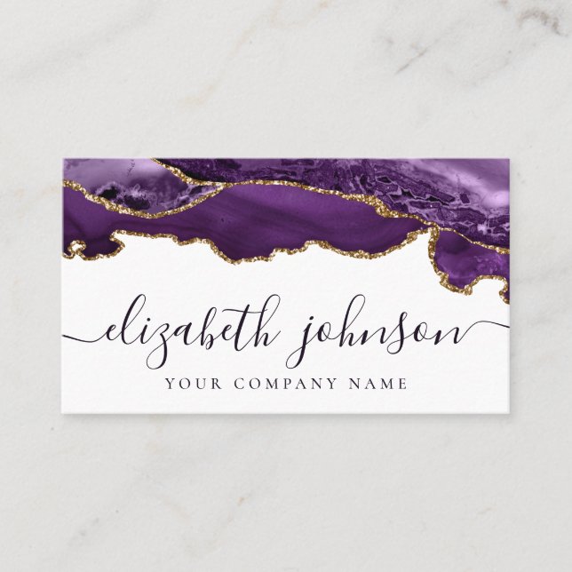 Modern Purple Violet Gold Glitter Agate Marble Business Card (Front)