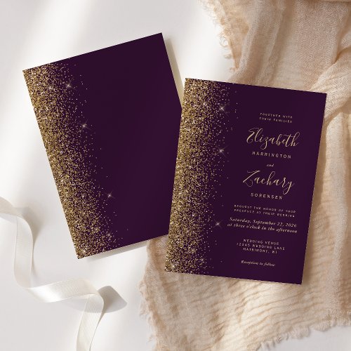 Modern Purple Violet Gold Glitter Edge Wedding Invitation