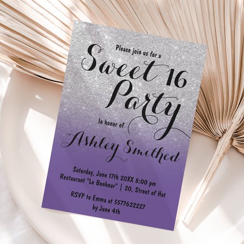 Modern Purple violet silver ombre Sweet 16 Invitation