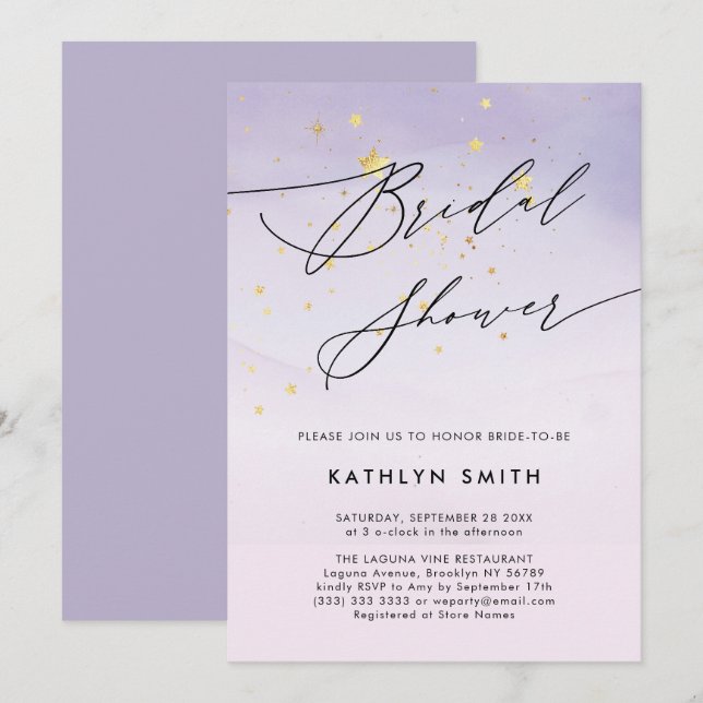 Modern Purple Watercolor Calligraphy Bridal Shower Invitation (Front/Back)