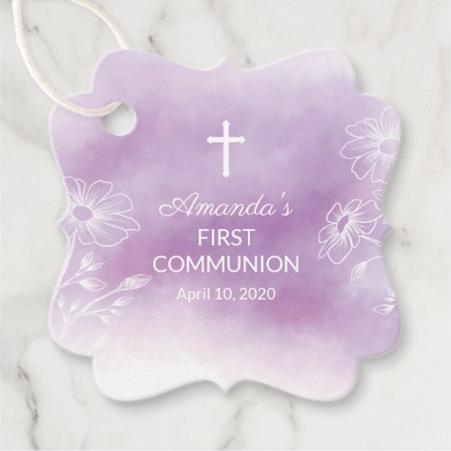 Modern Purple Watercolor First Holy Communion Favor Tags