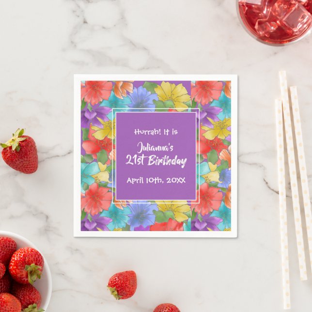 Modern Purple Watercolor Floral 21st Birthday Napkins (Insitu)