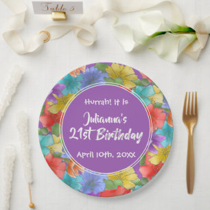 Modern Purple Watercolor Floral 21st Birthday Paper Plates