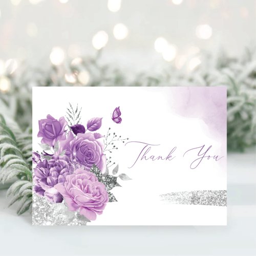 Modern Purple Watercolor Floral Baby Girl Shower  Thank You Card