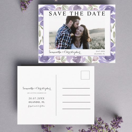 Modern Purple Watercolor Floral Save the Date Postcard