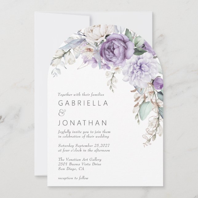 Modern Purple Watercolor Floral Wedding Invitation (Front)
