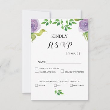 Modern Purple watercolor flowers wedding RSVP card