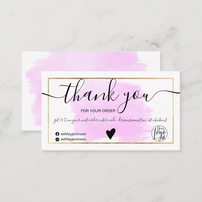 Modern purple watercolor gold foil order thank you business card (Front/Back)