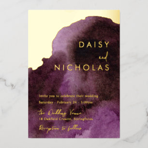 Modern Purple Watercolor Gold Foil Wedding Invitation