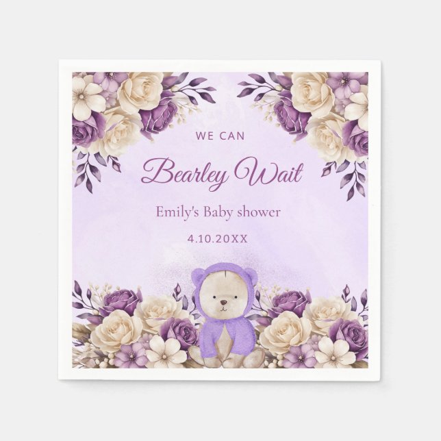 Modern purple Watercolor Teddy Bear Baby Shower Napkins (Front)