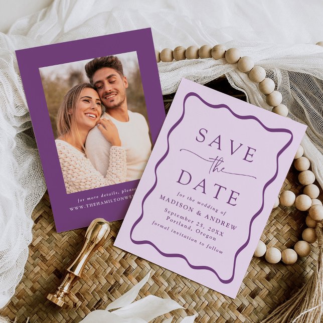 Modern Purple Wavy Frame Photo Wedding Save The Date (Creator Uploaded)
