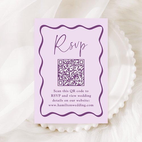 Modern Purple Wavy Frame QR Code Wedding RSVP Enclosure Card