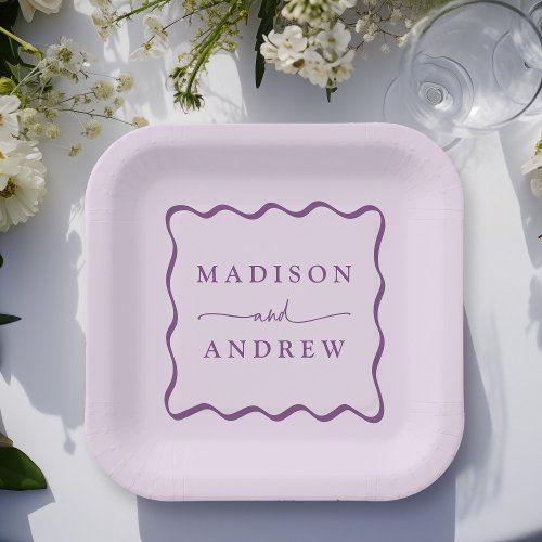 Modern Purple Wavy Frame Wedding Paper Plates