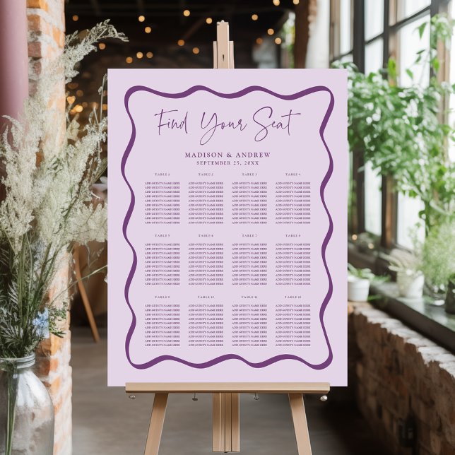 Modern Purple Wavy Frame Wedding Seating Chart Foam Board (Creator Uploaded)
