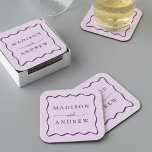 Modern Purple Wavy Frame Wedding Square Paper Coaster<br><div class="desc">Add a stylish touch to your wedding reception, rehearsal dinner, engagement party, or wedding shower with these Modern Purple Wavy Frame paper coasters. The retro wedding coasters display the couple's names in bold purple lettering surrounded by a purple wavy border contrasting with a light purple background. The trendy wedding coasters...</div>