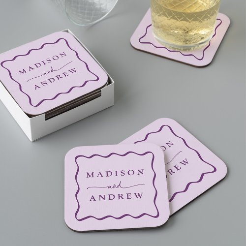Modern Purple Wavy Frame Wedding Square Paper Coaster